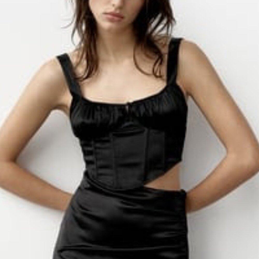 Zara Black Satin Corset Style Crop Top - Size Medium